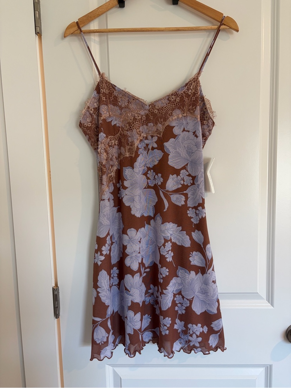 Kirious Los Angeles Floral Lace-Trim Slip Mini Dress Brown Lavender NWT large